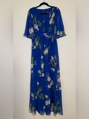Adrianna Papell Floral Maxi Dress with Sheer Flutter Sleeves in Royal Blue Multi